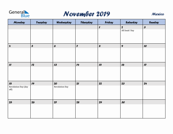 November 2019 Calendar with Holidays in Mexico