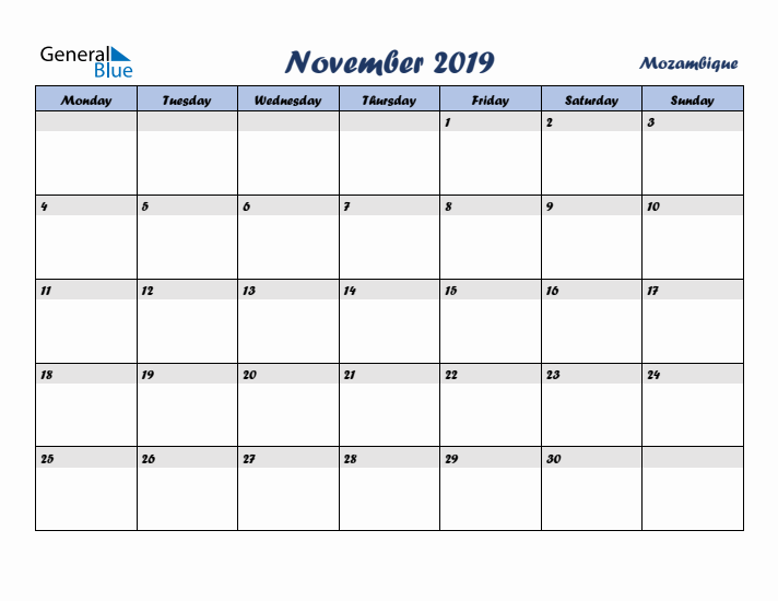 November 2019 Calendar with Holidays in Mozambique