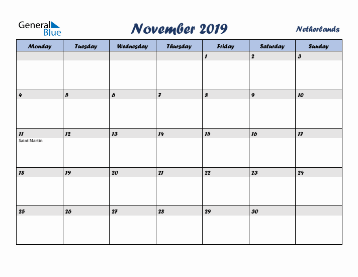 November 2019 Calendar with Holidays in The Netherlands