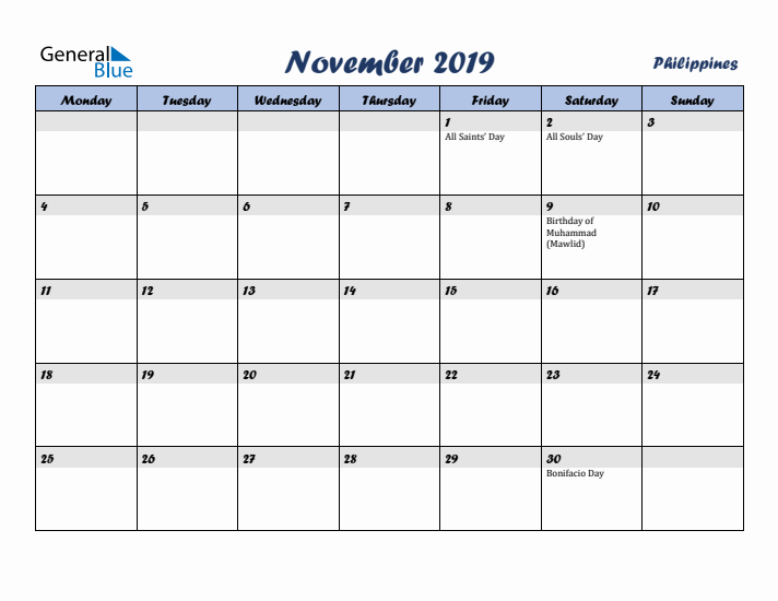 November 2019 Calendar with Holidays in Philippines