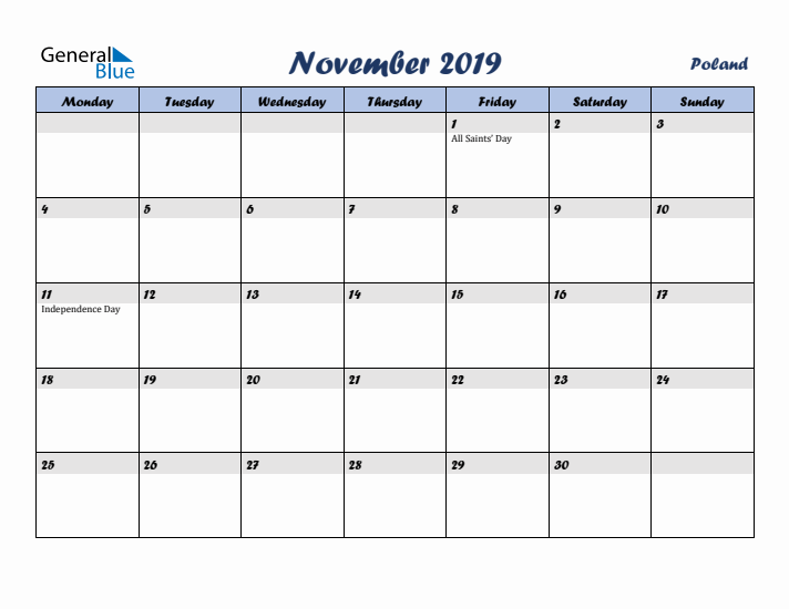 November 2019 Calendar with Holidays in Poland