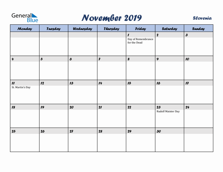 November 2019 Calendar with Holidays in Slovenia