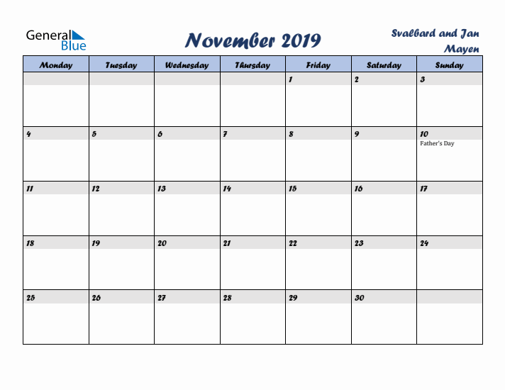 November 2019 Calendar with Holidays in Svalbard and Jan Mayen