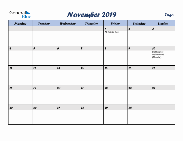 November 2019 Calendar with Holidays in Togo