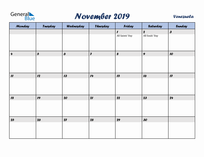 November 2019 Calendar with Holidays in Venezuela