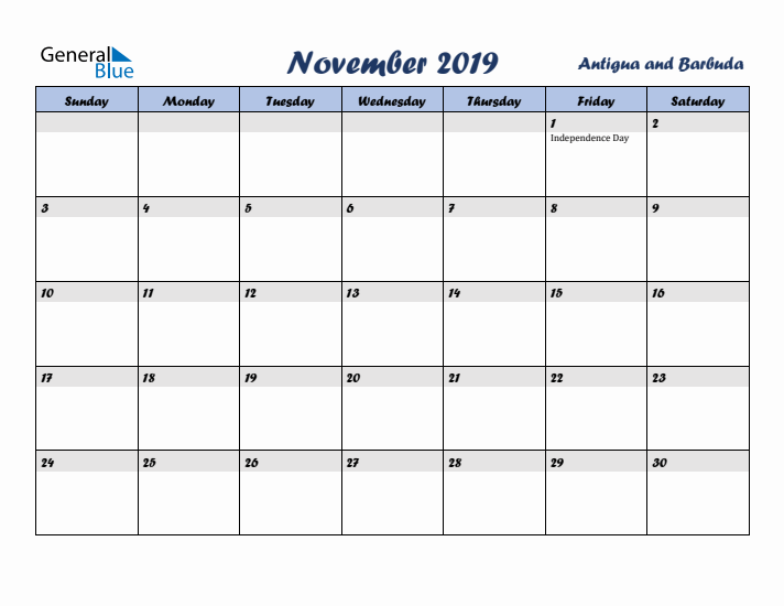 November 2019 Calendar with Holidays in Antigua and Barbuda