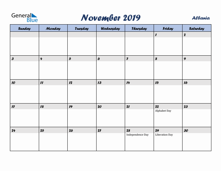 November 2019 Calendar with Holidays in Albania