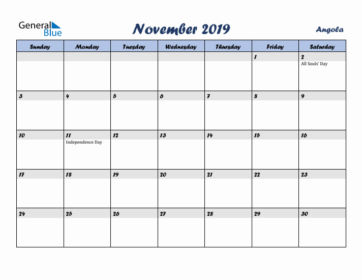 November 2019 Calendar with Holidays in Angola