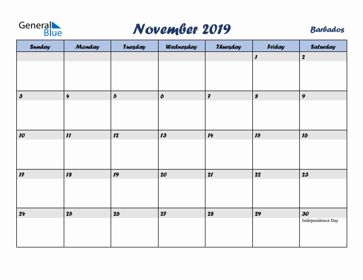November 2019 Calendar with Holidays in Barbados