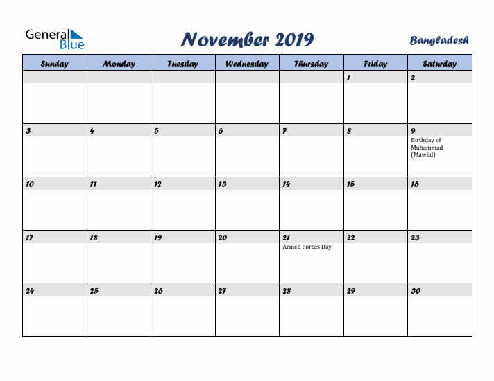 November 2019 Calendar with Holidays in Bangladesh