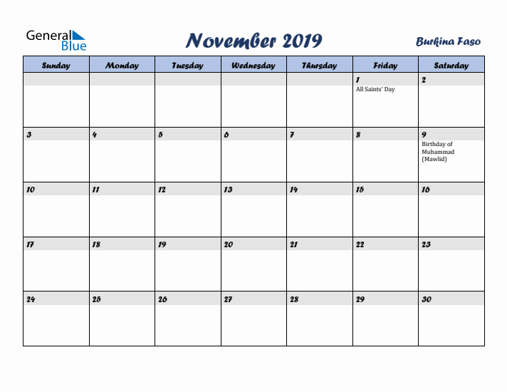 November 2019 Calendar with Holidays in Burkina Faso