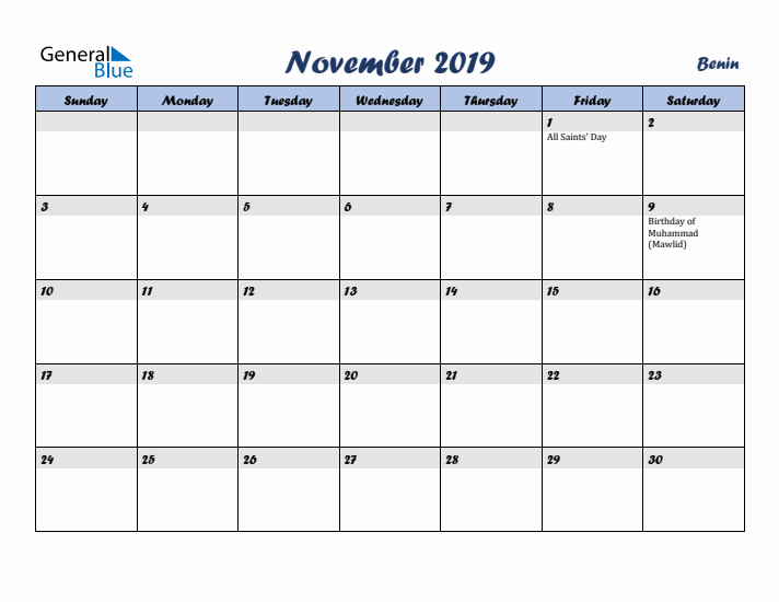 November 2019 Calendar with Holidays in Benin