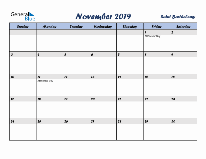 November 2019 Calendar with Holidays in Saint Barthelemy