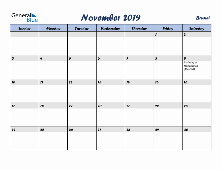 November 2019 Calendar with Holidays in Brunei