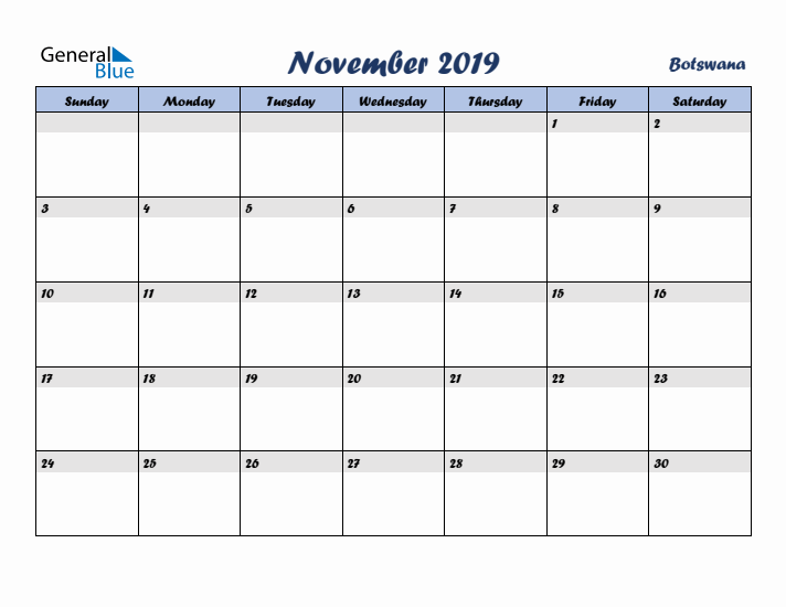 November 2019 Calendar with Holidays in Botswana