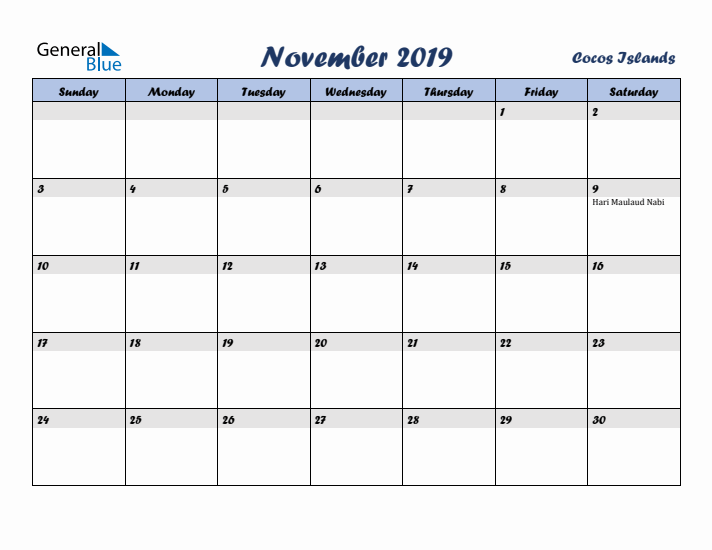November 2019 Calendar with Holidays in Cocos Islands
