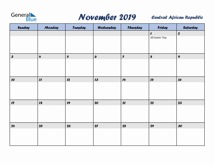 November 2019 Calendar with Holidays in Central African Republic
