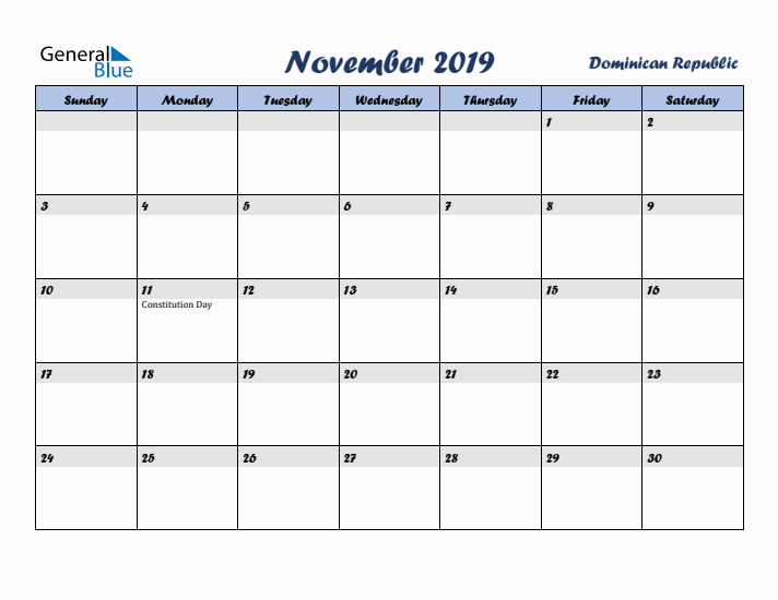 November 2019 Calendar with Holidays in Dominican Republic