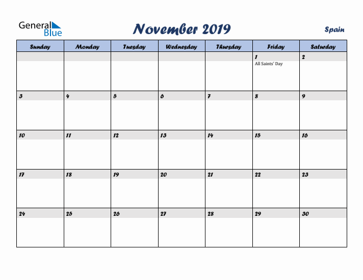 November 2019 Calendar with Holidays in Spain