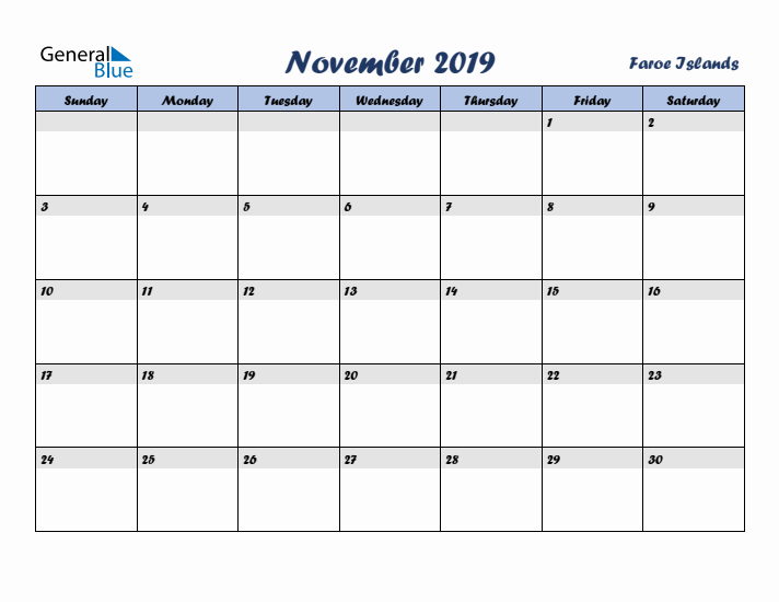 November 2019 Calendar with Holidays in Faroe Islands