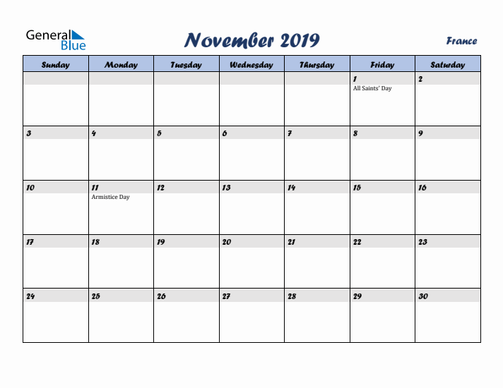 November 2019 Calendar with Holidays in France