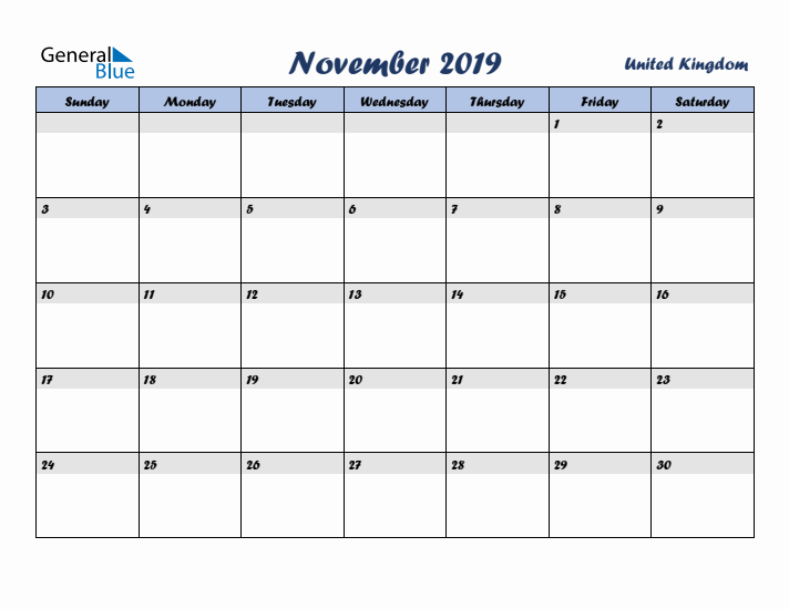 November 2019 Calendar with Holidays in United Kingdom