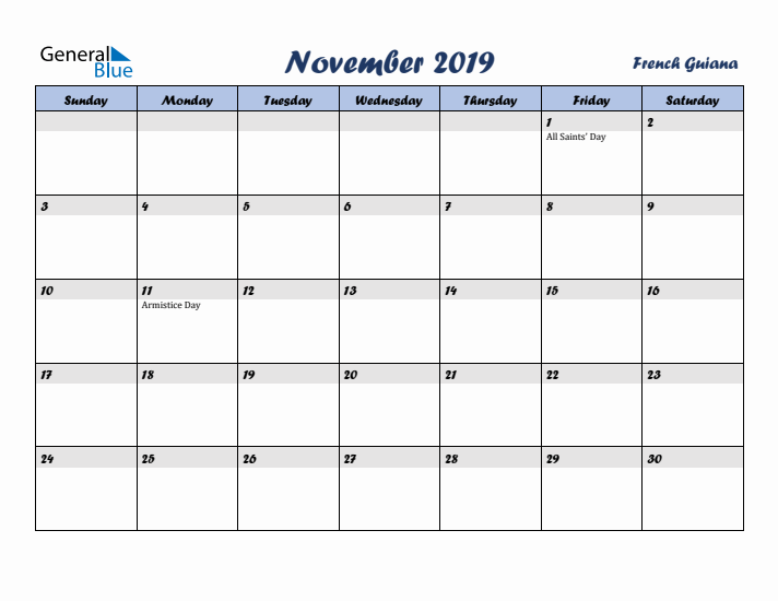 November 2019 Calendar with Holidays in French Guiana