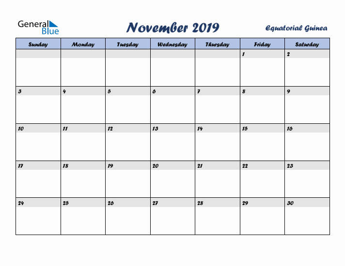 November 2019 Calendar with Holidays in Equatorial Guinea