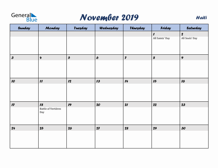 November 2019 Calendar with Holidays in Haiti