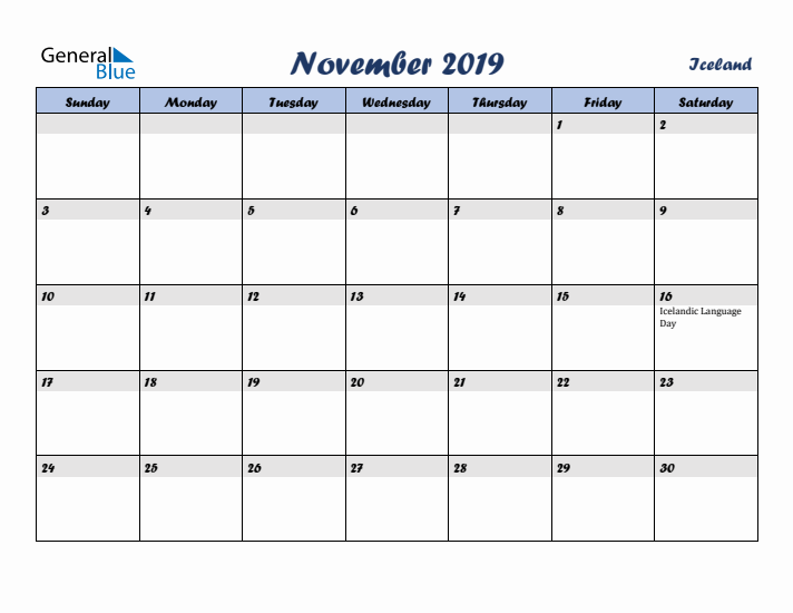 November 2019 Calendar with Holidays in Iceland