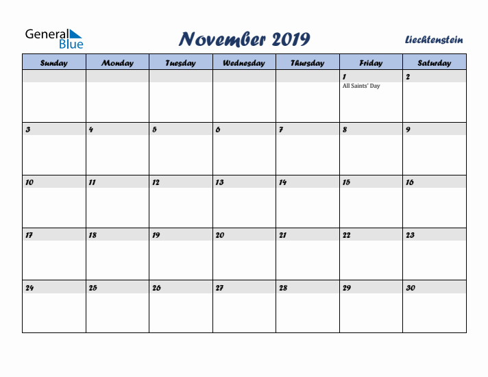 November 2019 Calendar with Holidays in Liechtenstein
