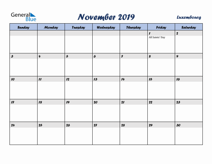 November 2019 Calendar with Holidays in Luxembourg