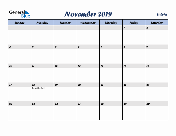 November 2019 Calendar with Holidays in Latvia