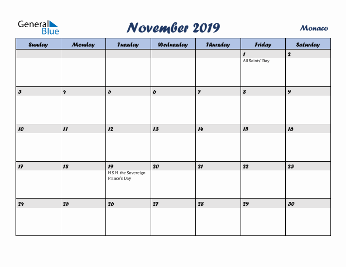 November 2019 Calendar with Holidays in Monaco