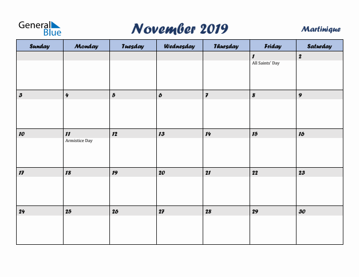November 2019 Calendar with Holidays in Martinique