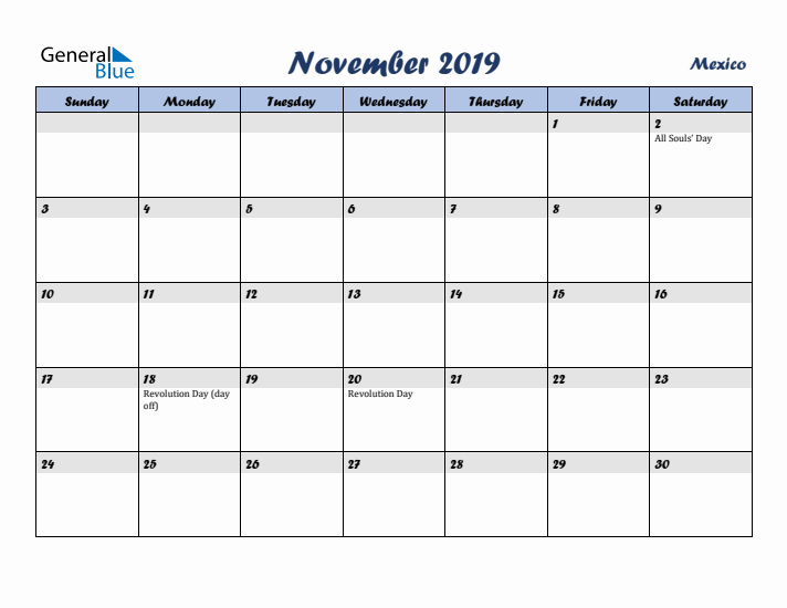 November 2019 Calendar with Holidays in Mexico