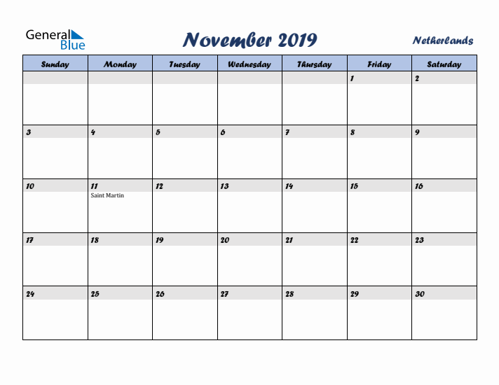November 2019 Calendar with Holidays in The Netherlands