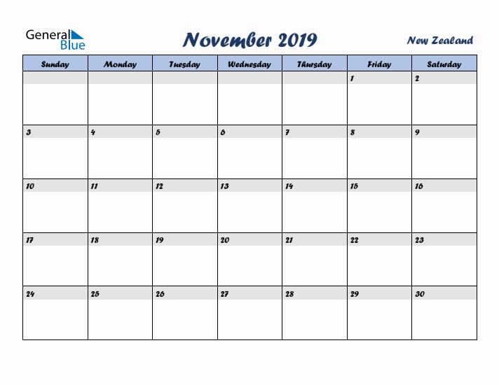 November 2019 Calendar with Holidays in New Zealand