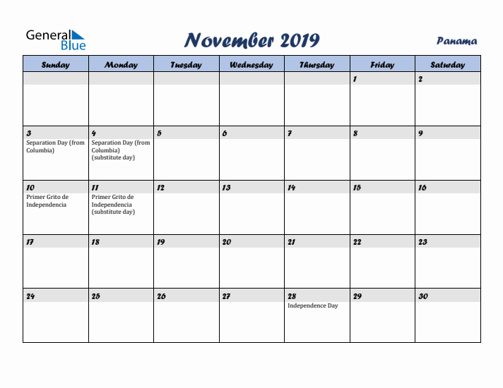 November 2019 Calendar with Holidays in Panama