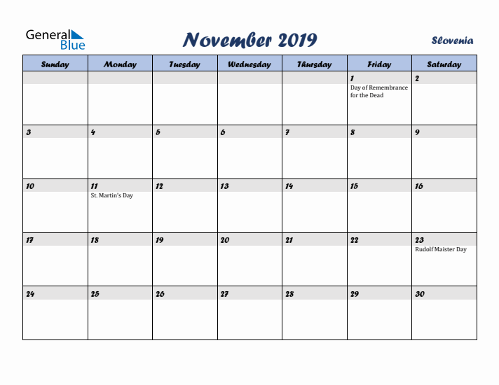 November 2019 Calendar with Holidays in Slovenia