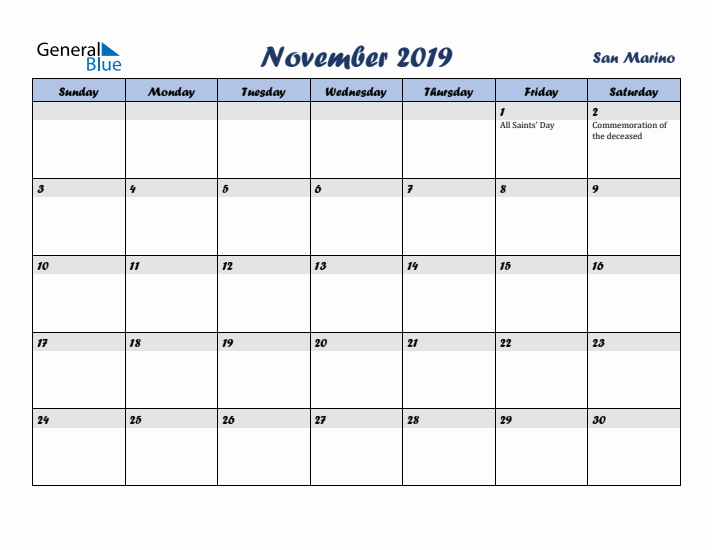 November 2019 Calendar with Holidays in San Marino