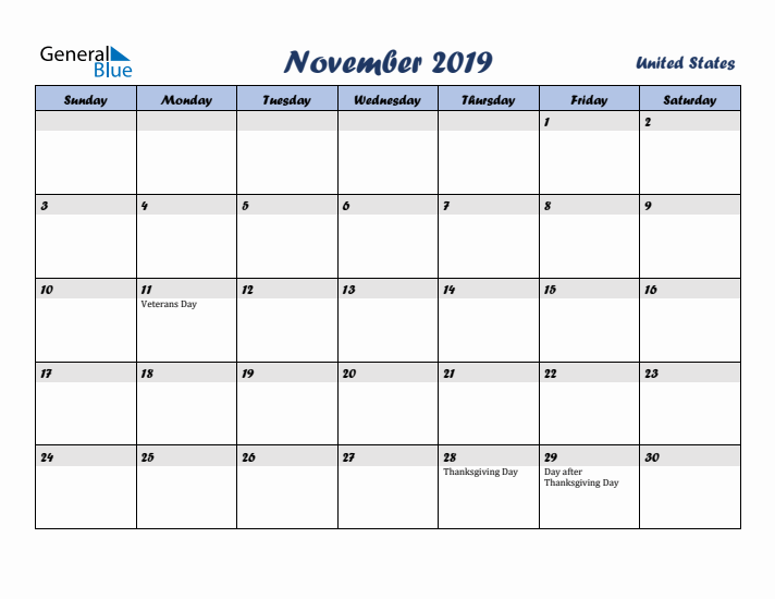 November 2019 Calendar with Holidays in United States