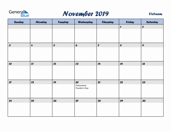 November 2019 Calendar with Holidays in Vietnam