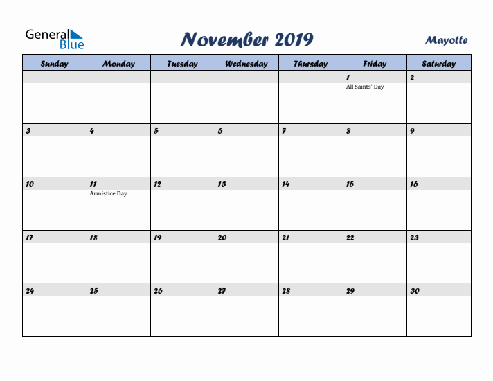 November 2019 Calendar with Holidays in Mayotte