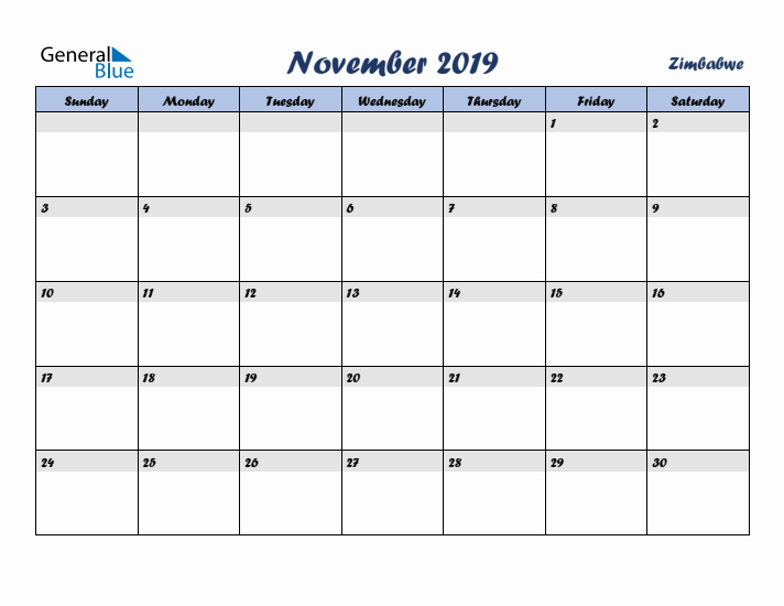 November 2019 Calendar with Holidays in Zimbabwe