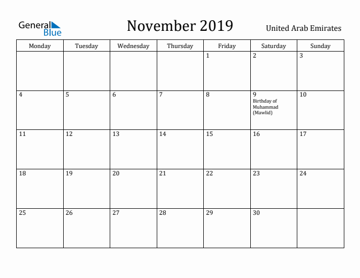 November 2019 Calendar United Arab Emirates