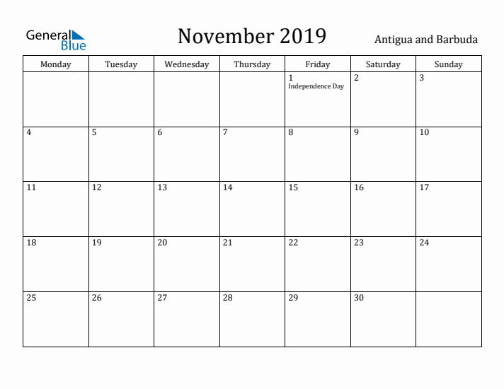 November 2019 Calendar Antigua and Barbuda