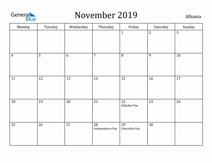 November 2019 Calendar Albania