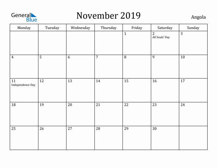 November 2019 Calendar Angola