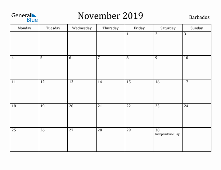 November 2019 Calendar Barbados